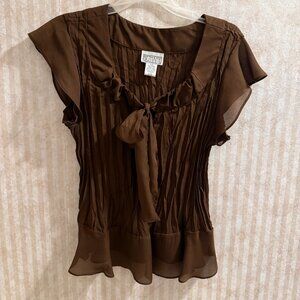 Brown Crepe Ruffle Blouse - M Sheer and flowly